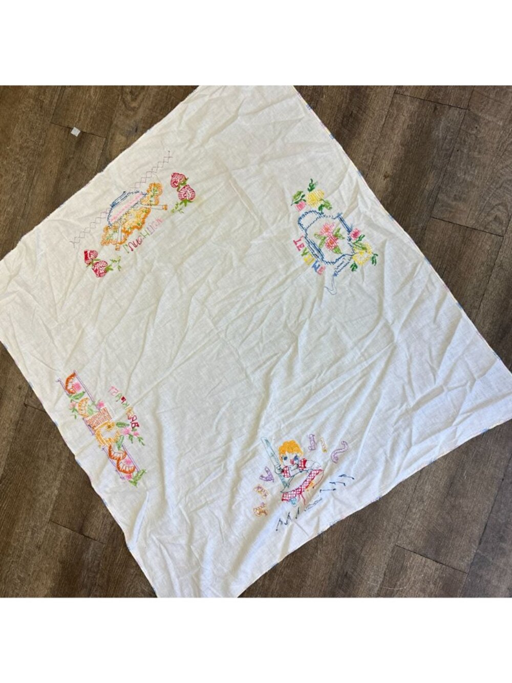 Vintage 1950s Embroidered Strawberry Tablecloth Fruit Square Tea Cloth 38x41 - Picture 2 of 8